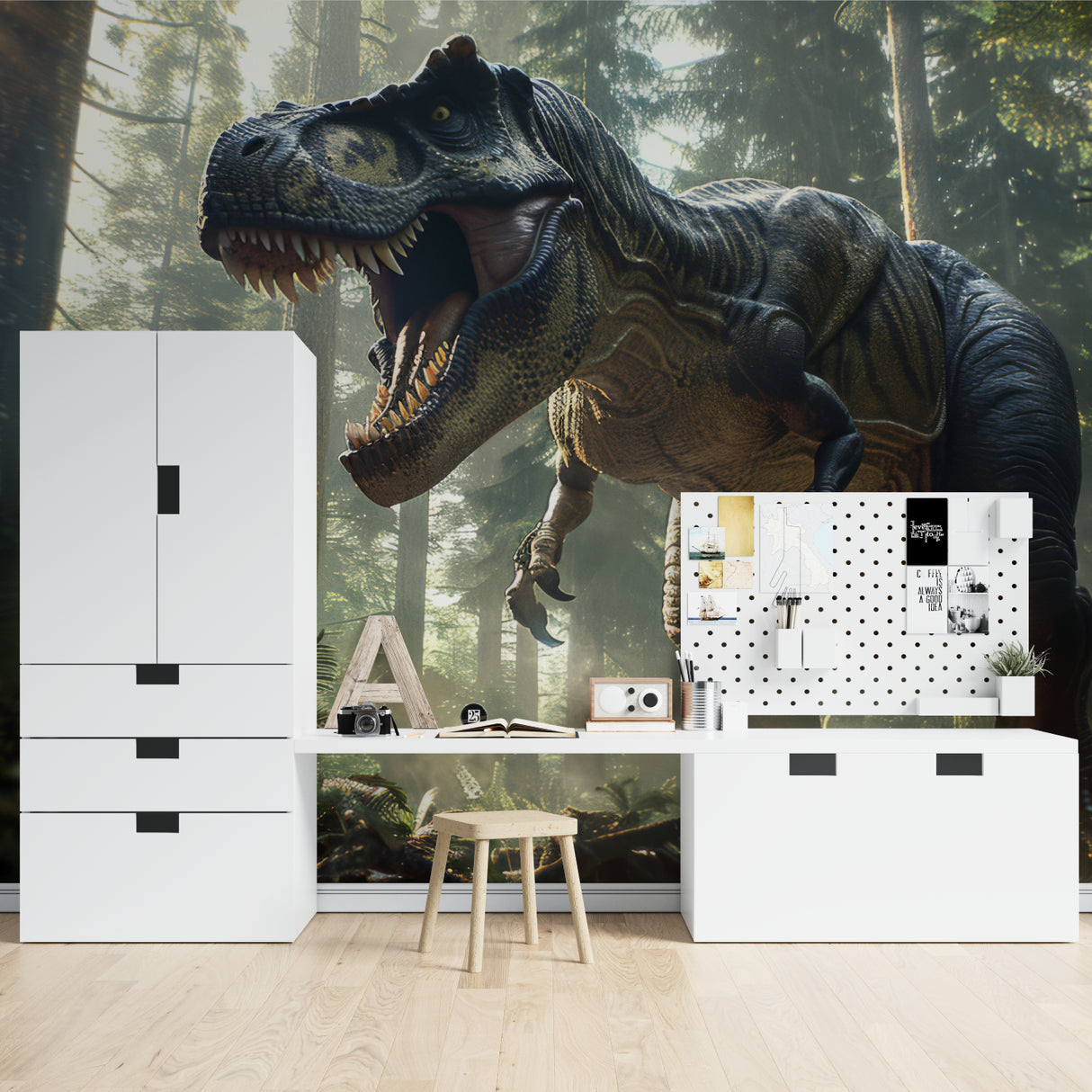 Dinosaur themed wallpaper making a statement in a boy's bedroom