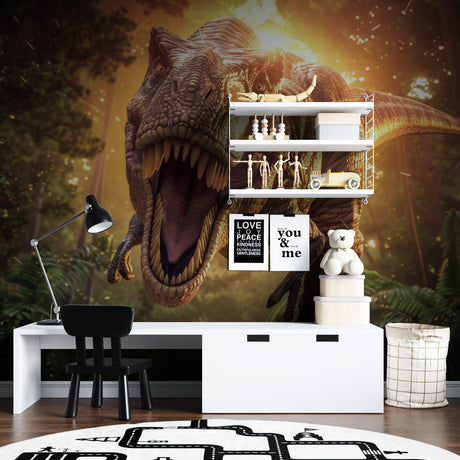 Dinosaur wall mural bringing prehistoric drama to modern living room with T-Rex emerging from golden forest