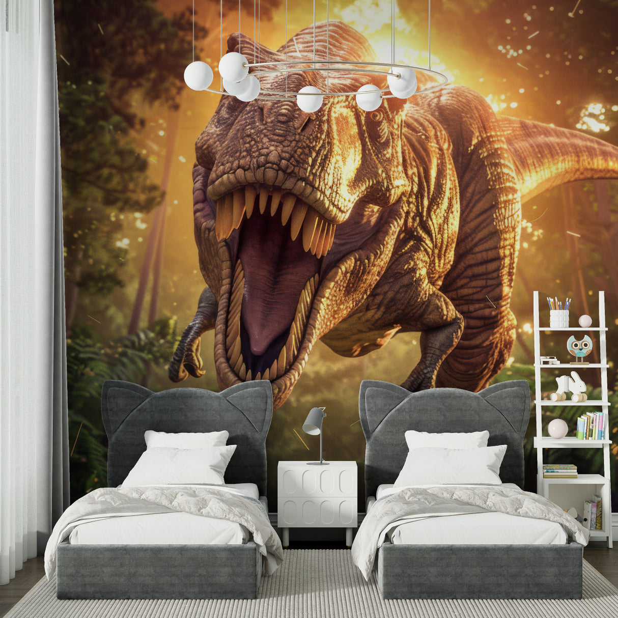 T-Rex wallpaper creating adventure vibes in kid's bedroom with warm lighting effects
