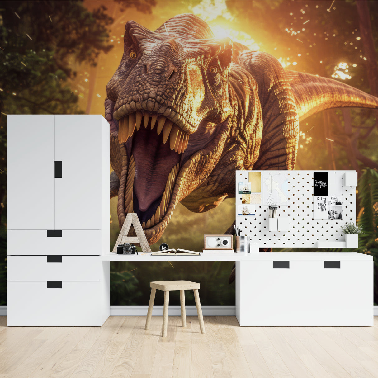 Dramatic dinosaur mural enhancing playroom walls with realistic forest scene