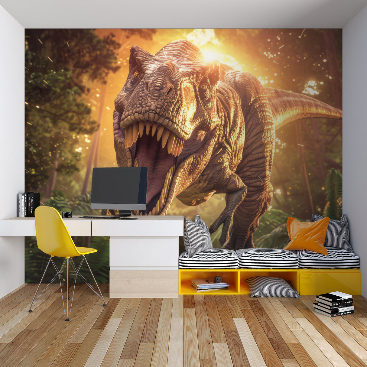 Prehistoric wallpaper transforming game room with lifelike T-Rex design