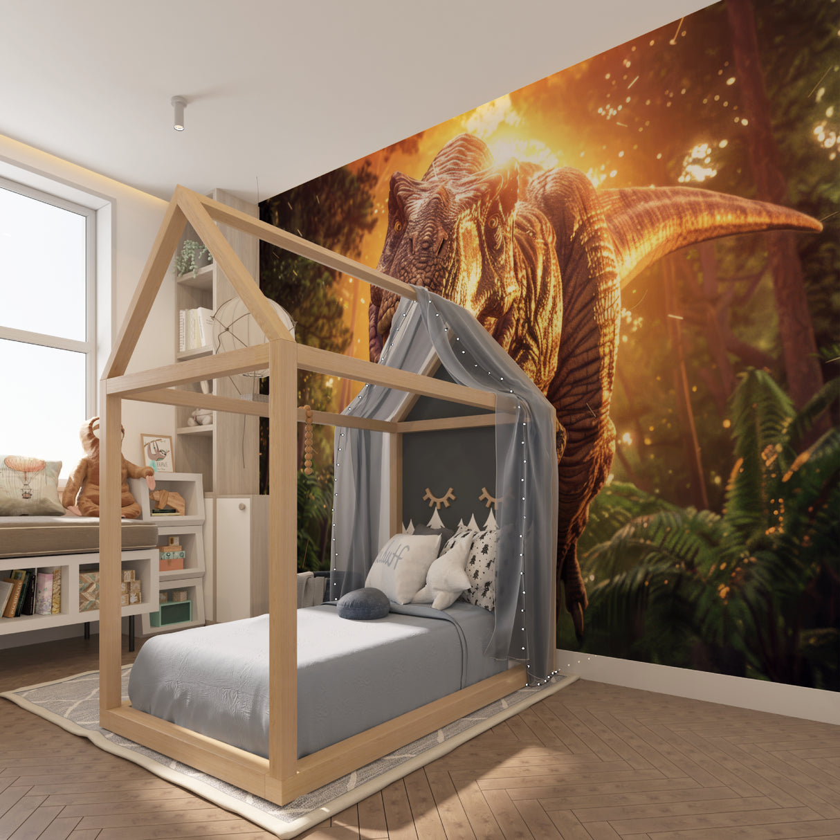 T-Rex forest mural adding wow factor to teen bedroom space