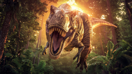 Design file showing detailed T-Rex in amber-lit Jurassic forest pattern