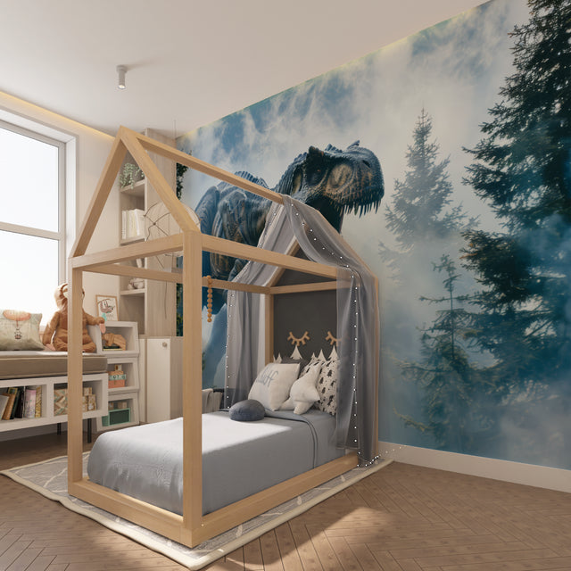 Dinosaur forest wallpaper creating dramatic impact in modern kids bedroom with blue accents