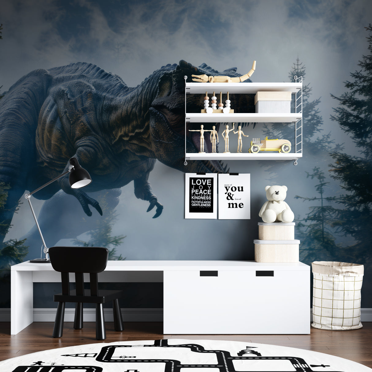 T-Rex wall mural bringing adventure to cozy reading nook with warm lighting