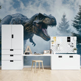 Prehistoric wallpaper transforming playroom with misty forest atmosphere