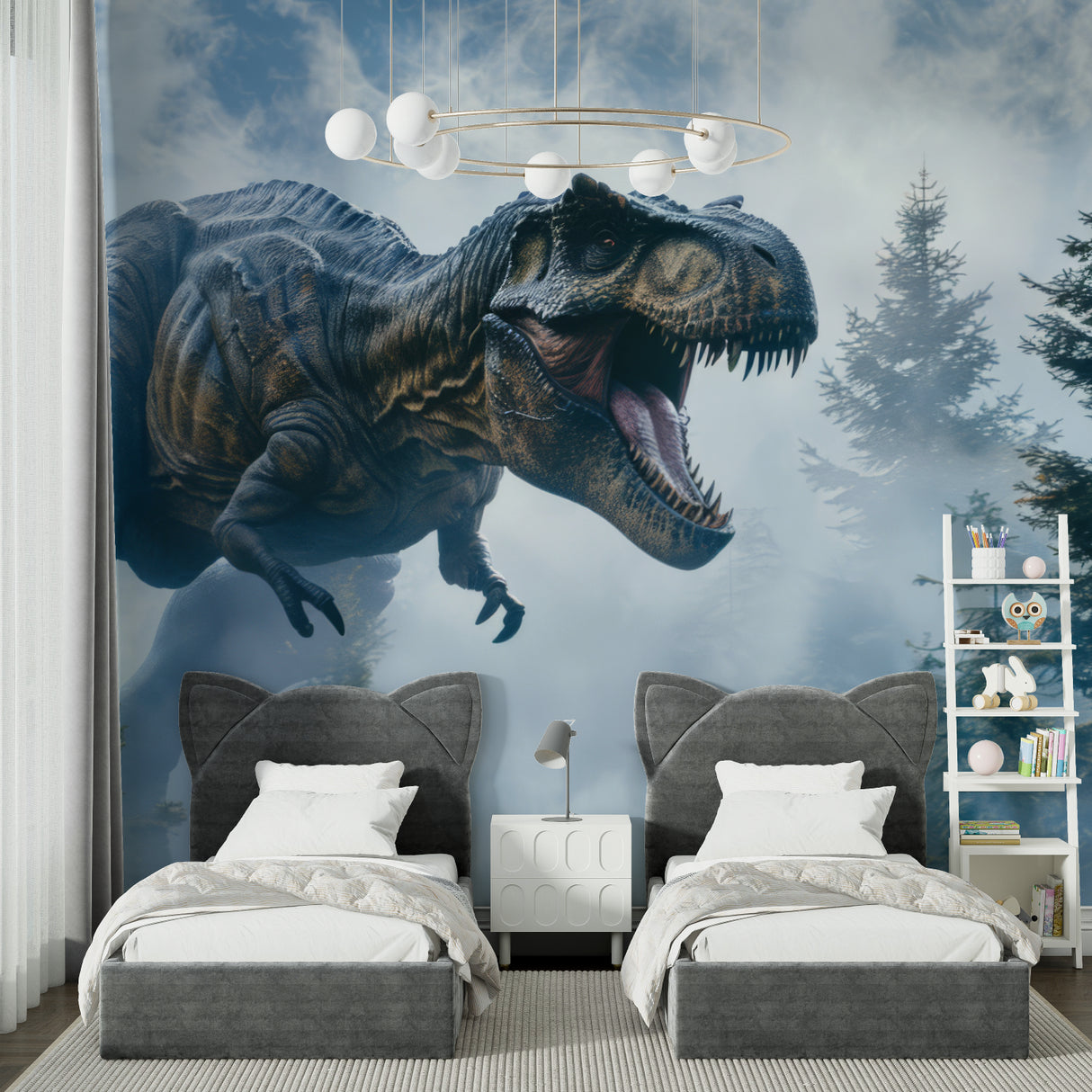 Dinosaur mural making statement in teen bedroom with minimal decor