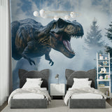 Dinosaur mural making statement in teen bedroom with minimal decor