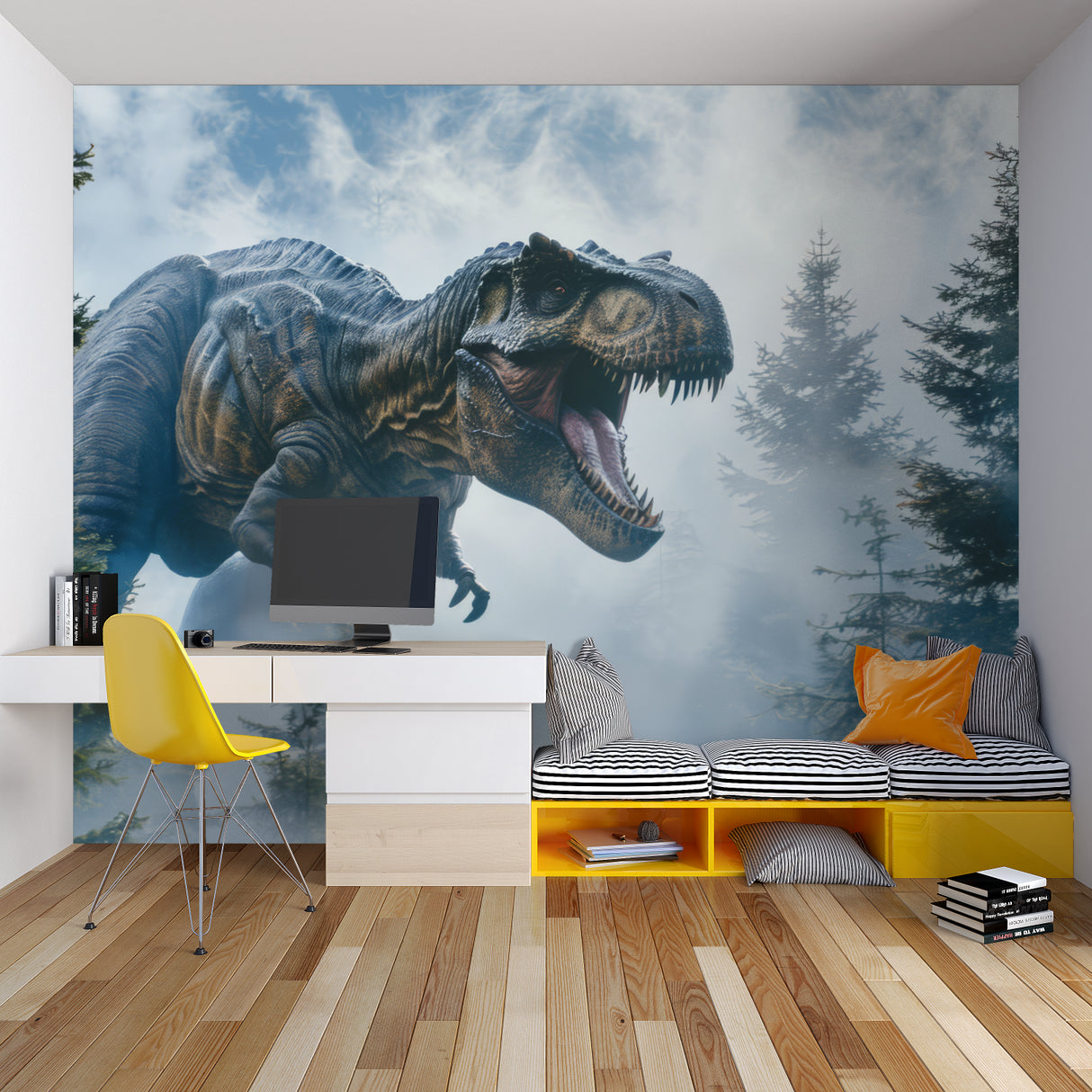 T-Rex wallpaper adding depth to gaming room with ambient lighting
