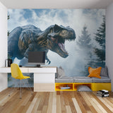 T-Rex wallpaper adding depth to gaming room with ambient lighting