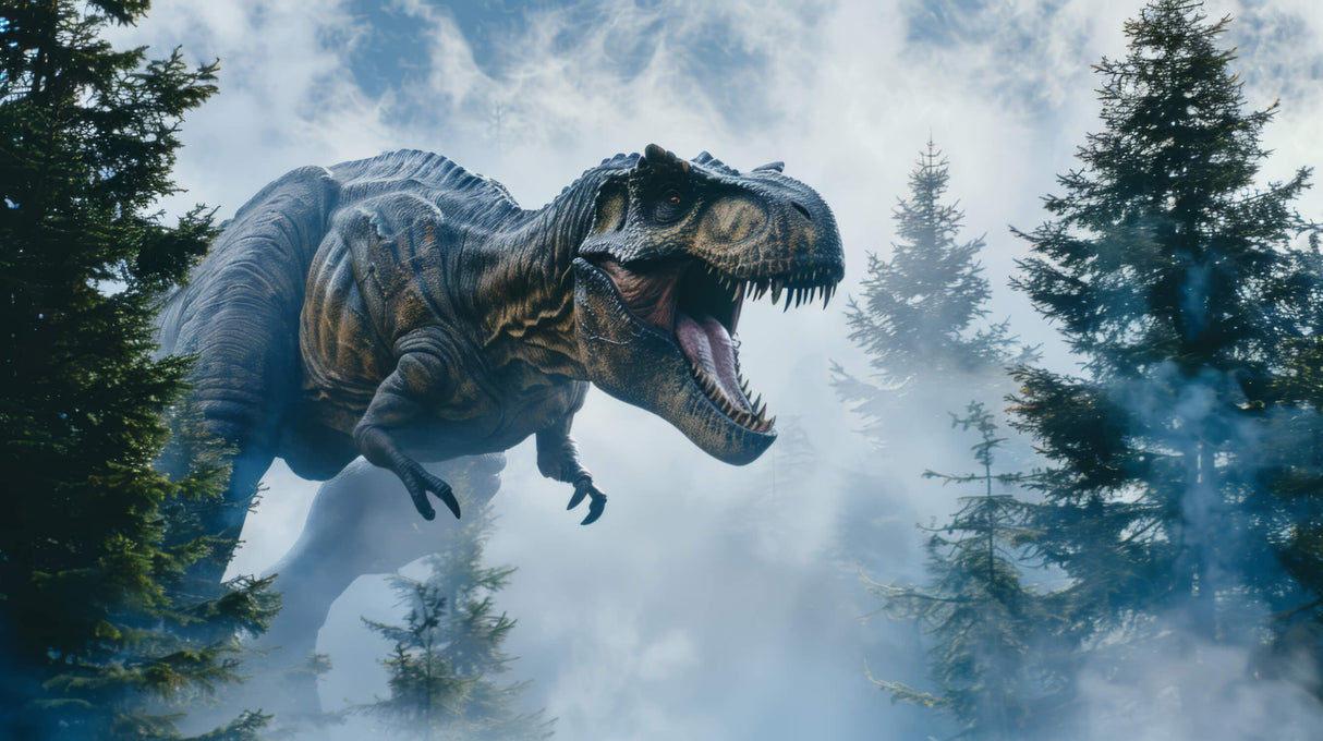 High-resolution design file showing detailed T-Rex emerging from misty forest backdrop