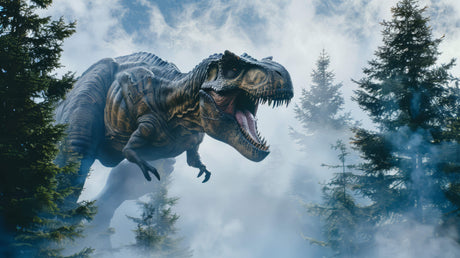 High-resolution design file showing detailed T-Rex emerging from misty forest backdrop