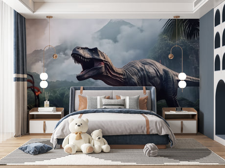 Dinosaur mural wallpaper bringing prehistoric adventure to a modern kids bedroom with dramatic T-Rex design