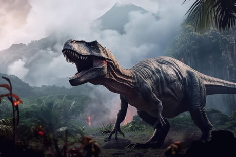 Design file showing detailed T-Rex dinosaur pattern with misty jungle background