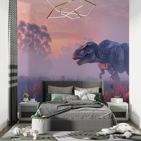 Pink dinosaur wallpaper bringing adventure to a modern kids bedroom, T-Rex mural creating a stunning accent wall