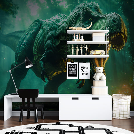 Dinosaur mural wallpaper with T-Rex design transforms this modern kids bedroom into a prehistoric adventure zone