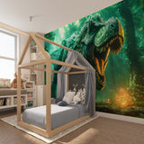 T-Rex wall mural creates dramatic impact in this cozy playroom setting