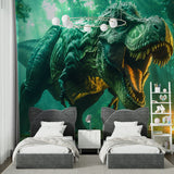 Dinosaur themed wallpaper bringing prehistoric charm to a child's study area
