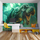 T-Rex mural wallpaper making a bold statement in this modern nursery