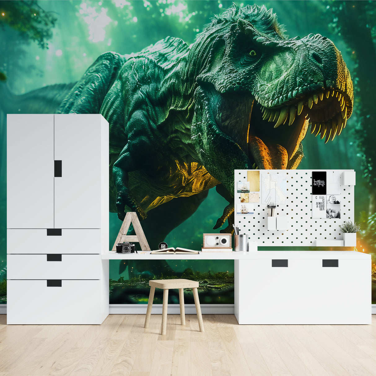 Prehistoric wall mural showcasing T-Rex design in a contemporary kids gaming room