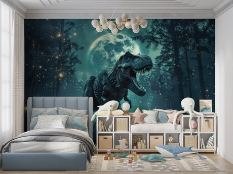 T-Rex night forest wallpaper in modern kids bedroom with blue accent lighting