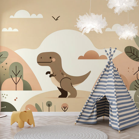Dinosaur wallpaper mural creating a playful atmosphere in a bright children's bedroom with modern furniture