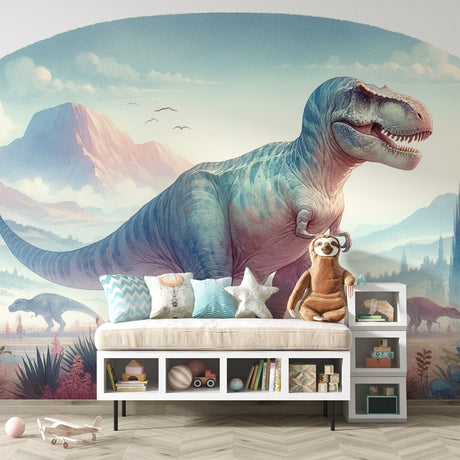 T-Rex dinosaur wallpaper mural creating a stunning feature wall in a modern kids bedroom with blue and pink color scheme
