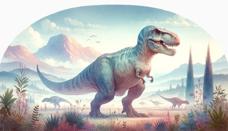 T-Rex dinosaur wallpaper design file showing detailed prehistoric landscape with mountains and ancient flora