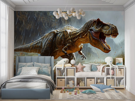 T-Rex Storm wallpaper mural in modern kids bedroom with blue accent lighting