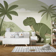 Tropical dinosaur mural wallpaper with friendly T-Rex and palm trees creating a magical atmosphere in a modern kid's bedroom