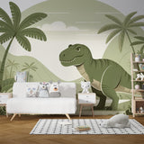 Tropical dinosaur mural wallpaper with friendly T-Rex and palm trees creating a magical atmosphere in a modern kid's bedroom