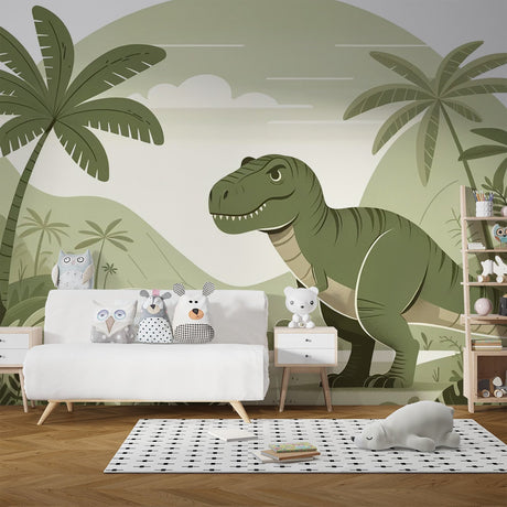 Tropical dinosaur mural wallpaper with friendly T-Rex and palm trees creating a magical atmosphere in a modern kid's bedroom
