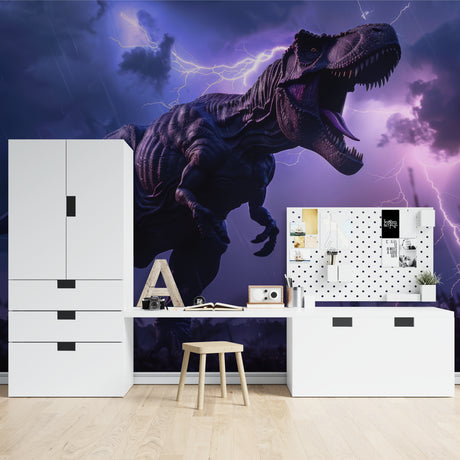 Purple T-Rex wall mural creating drama in a modern kids bedroom with LED lighting
