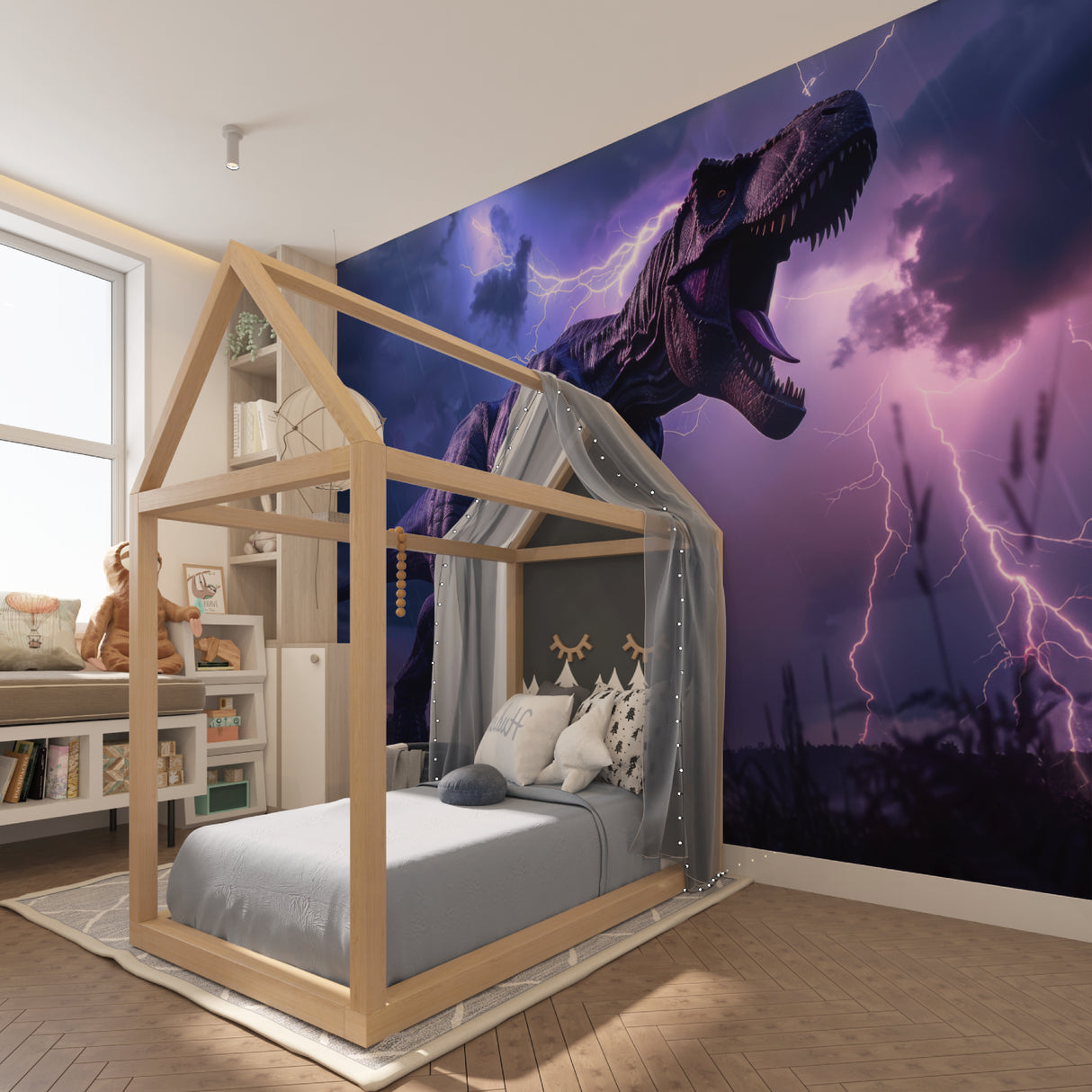 Dinosaur wallpaper featuring T-Rex and lightning in a teen gaming room