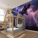 Dinosaur wallpaper featuring T-Rex and lightning in a teen gaming room