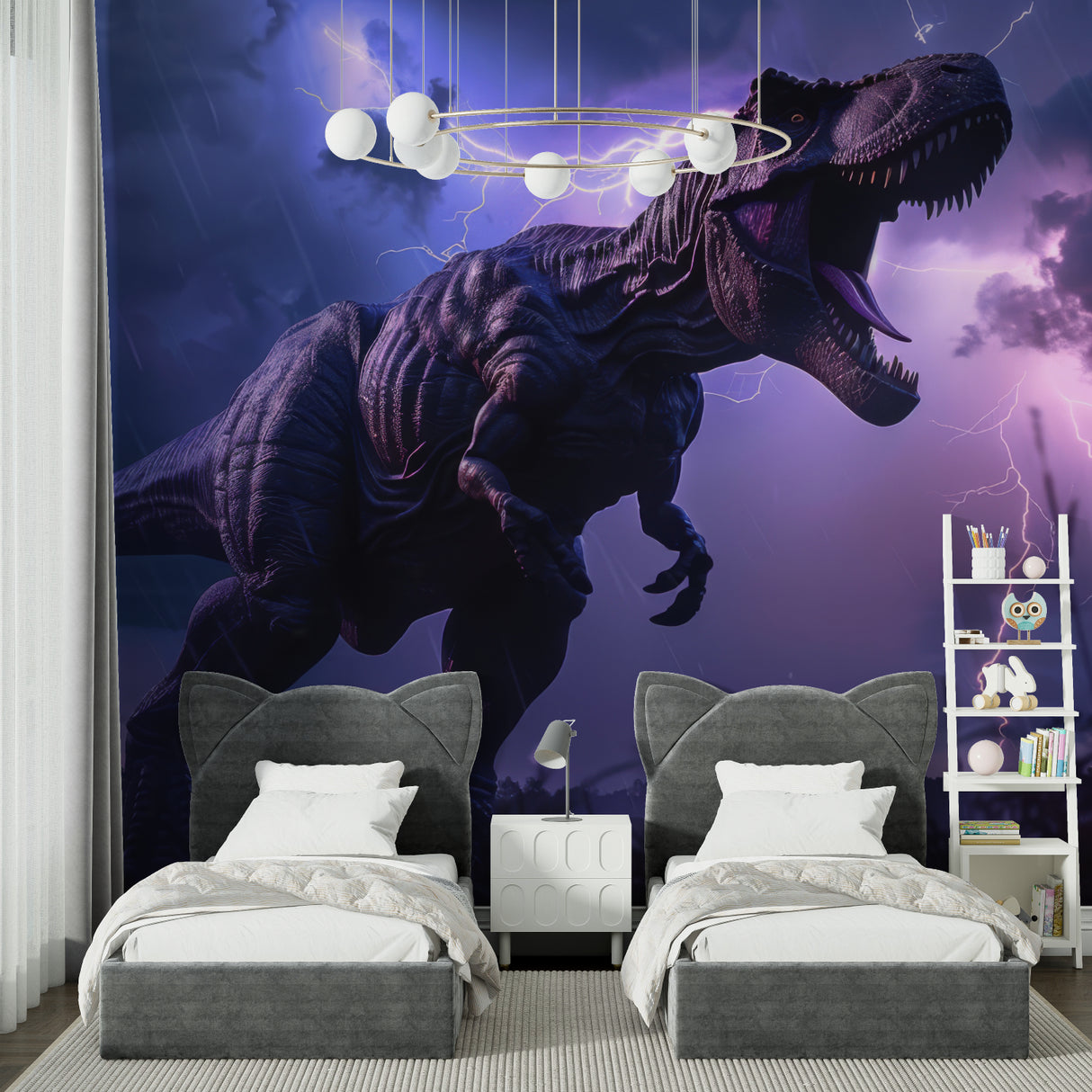 T-Rex storm mural making a statement in a playroom with purple accents