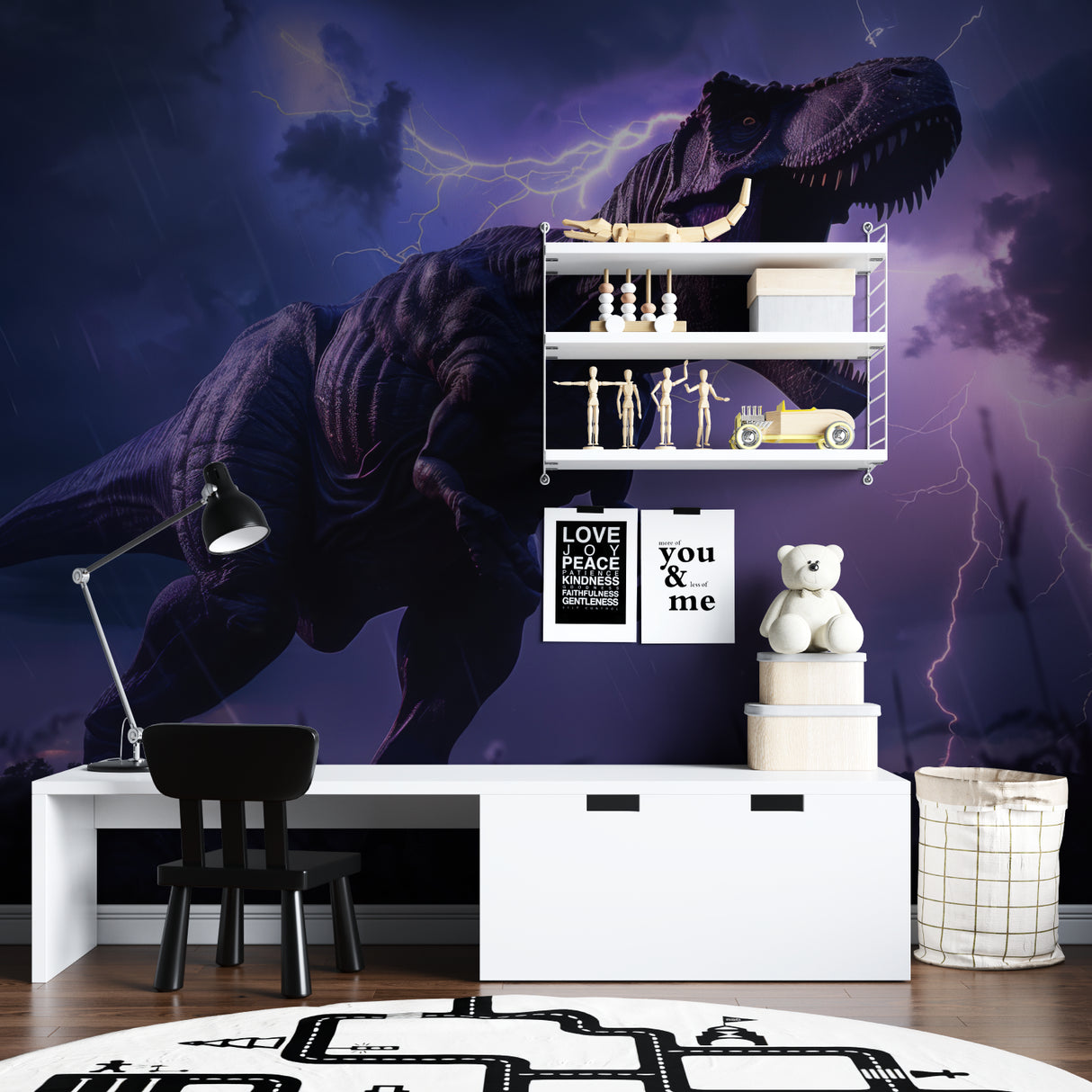 Prehistoric wall mural displayed in a modern children's study space
