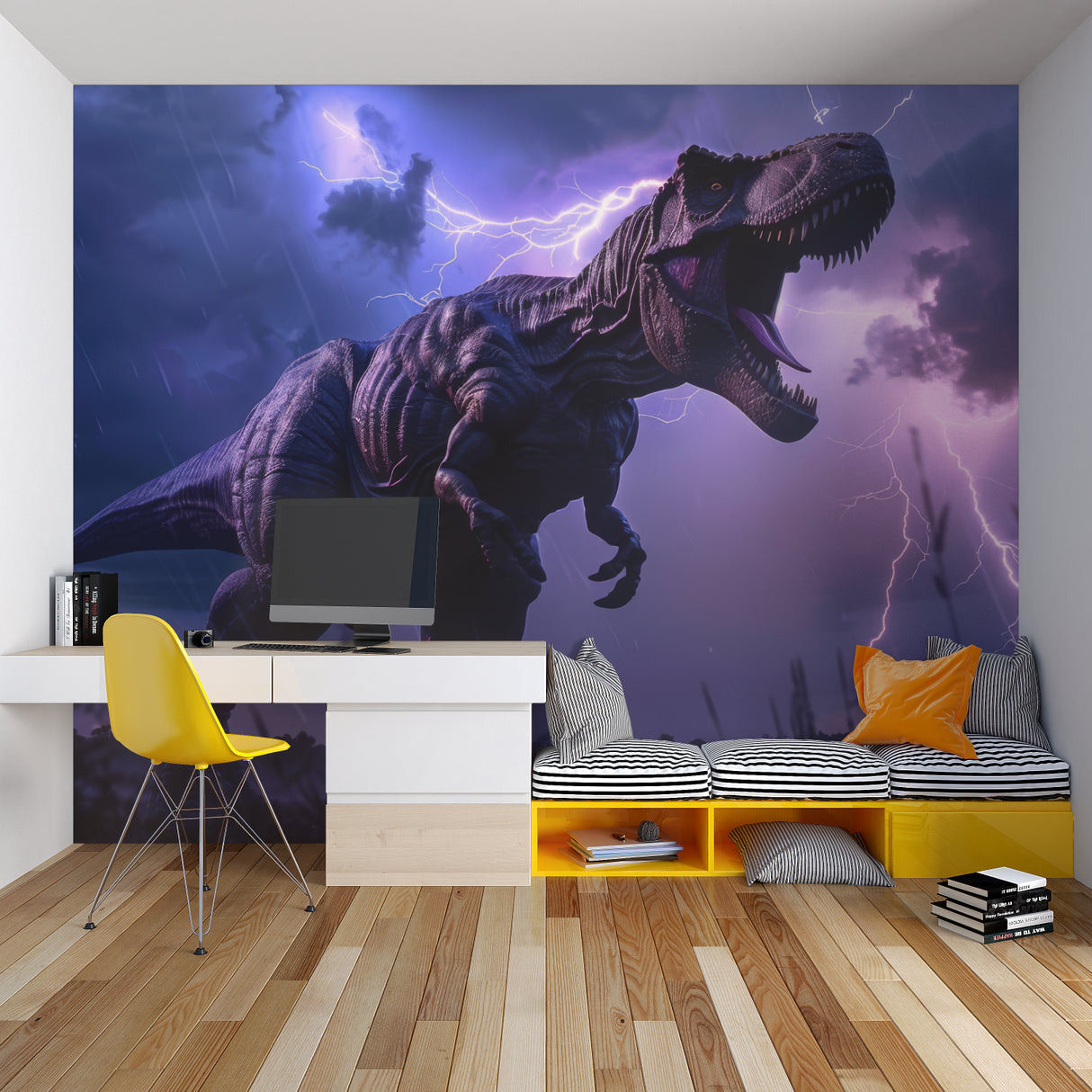 Dramatic T-Rex wallpaper transforming a kids bedroom reading nook