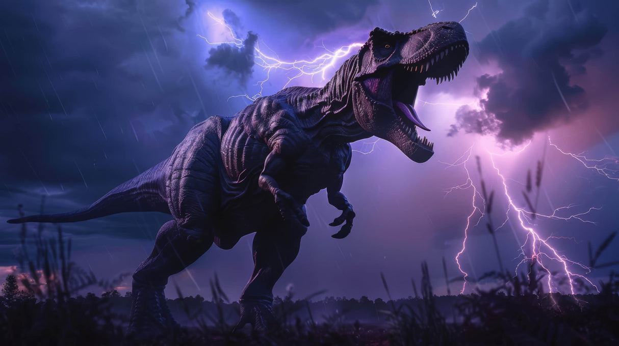 T-Rex Lightning Storm design file showing detailed purple storm effects and dinosaur silhouette