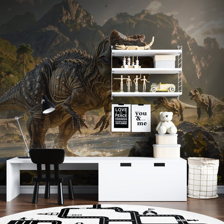 Dinosaur mural wallpaper bringing prehistoric adventure to a modern kids bedroom with T-Rex and mountains