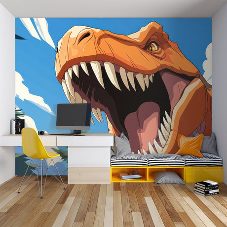 Orange T-Rex dinosaur wallpaper mural displayed in modern kids bedroom with blue accents