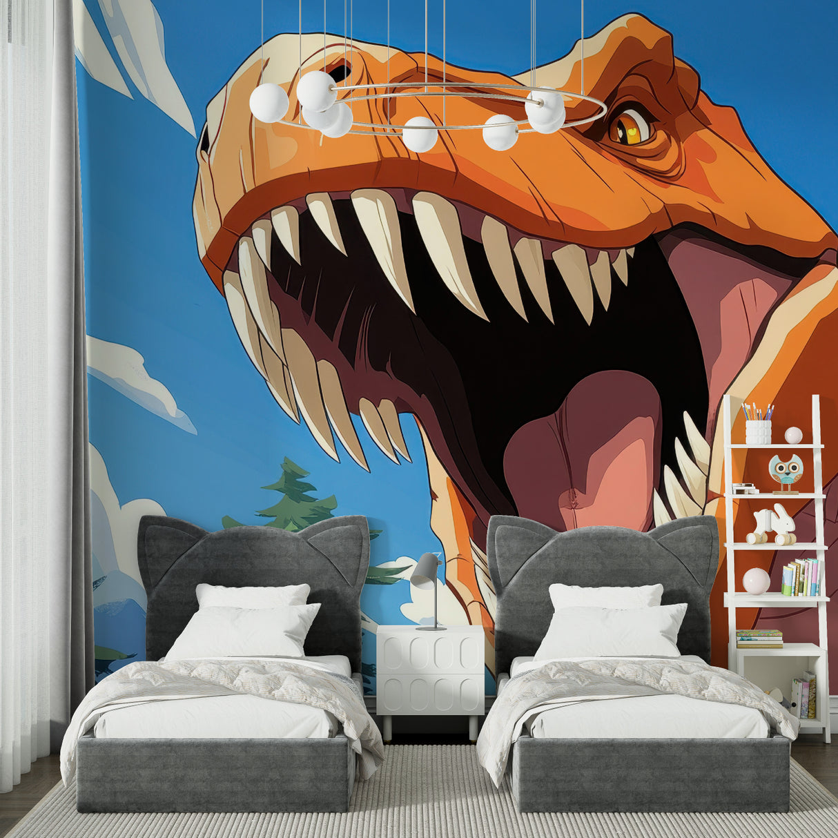 Prehistoric wallpaper transforming reading nook with vibrant orange T-Rex design