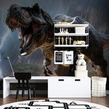 Dinosaur wall mural showcased in playroom with reading nook