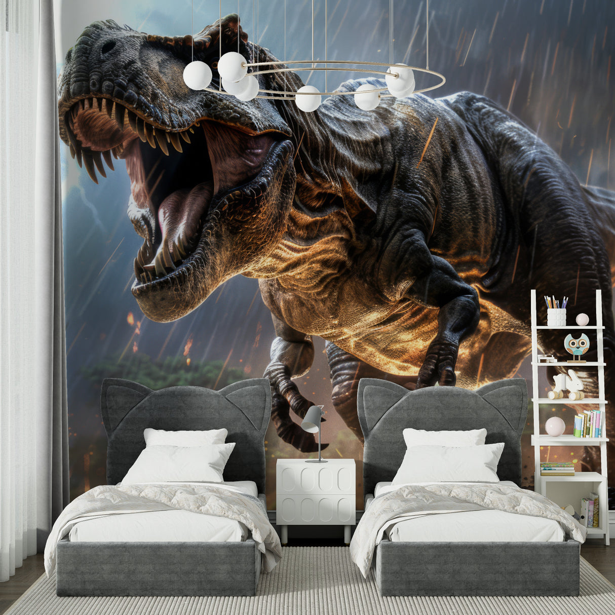T-Rex storm mural adding excitement to gaming room setup
