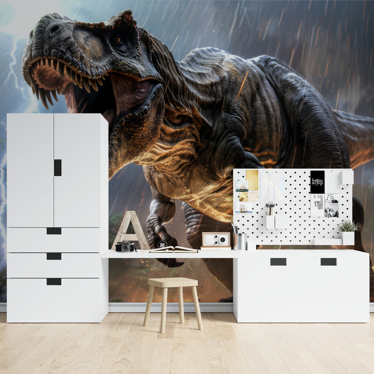 Dramatic dinosaur wallpaper transforming study area with storm effects