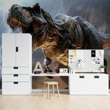 Dramatic dinosaur wallpaper transforming study area with storm effects