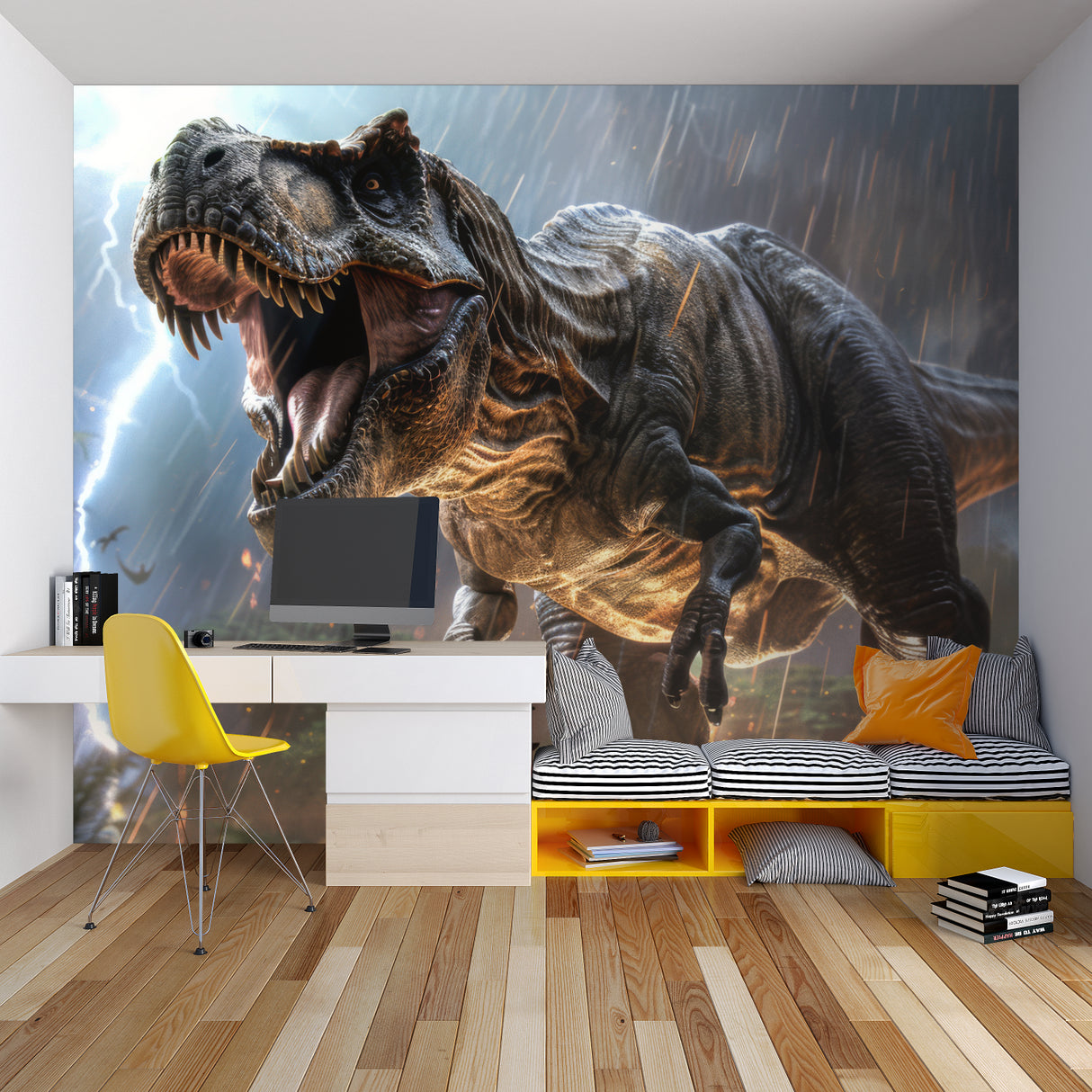 T-Rex wall design making statement in teen bedroom space