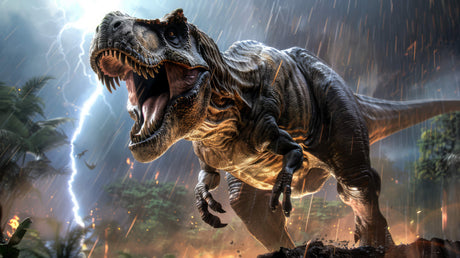 Design file showing detailed T-Rex in stormy scene with lightning effects