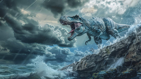 T-Rex Storm Adventure design file showing detailed prehistoric scene with stormy mountain backdrop