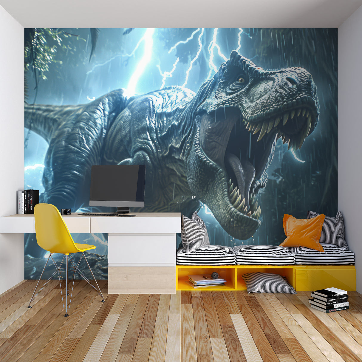 T-Rex wall mural with lightning effects creating excitement in a teen gaming room